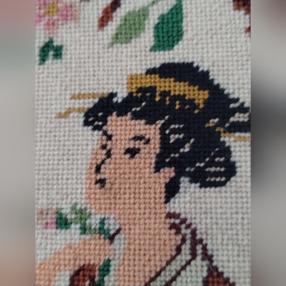 Framed  Geisha Embroidery Japanese Wall Art - Brown, Pink, Green
